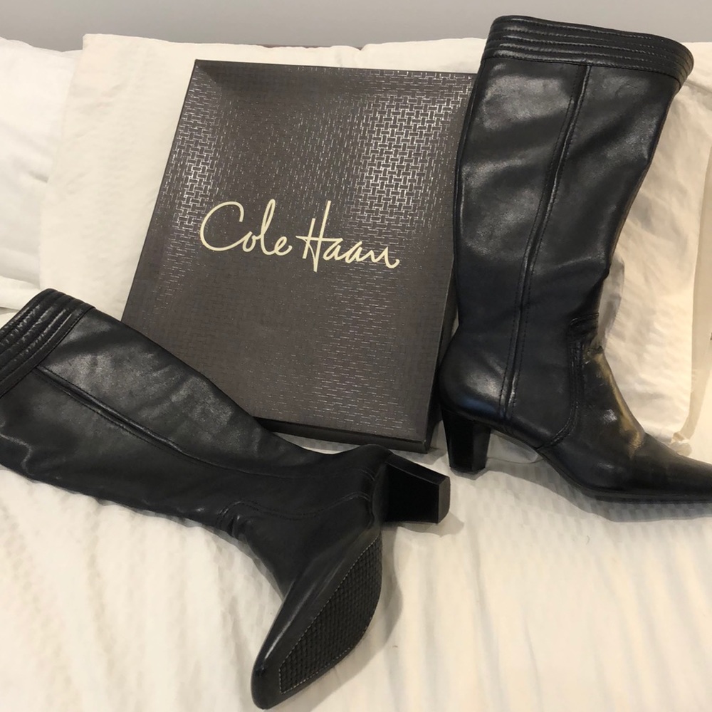 Cole Haan heeled square toe black leather boot 8.5